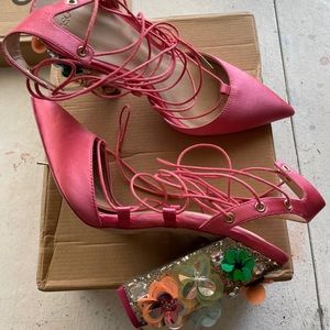 Unique hot pink embellished lace up heels